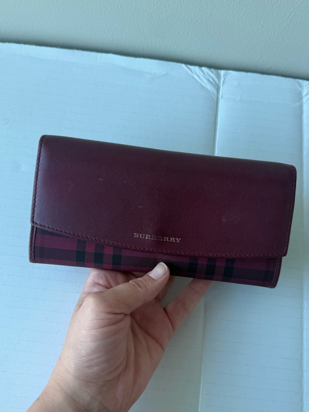 Burberry Burgundy Leather and Check Continental Card Holder